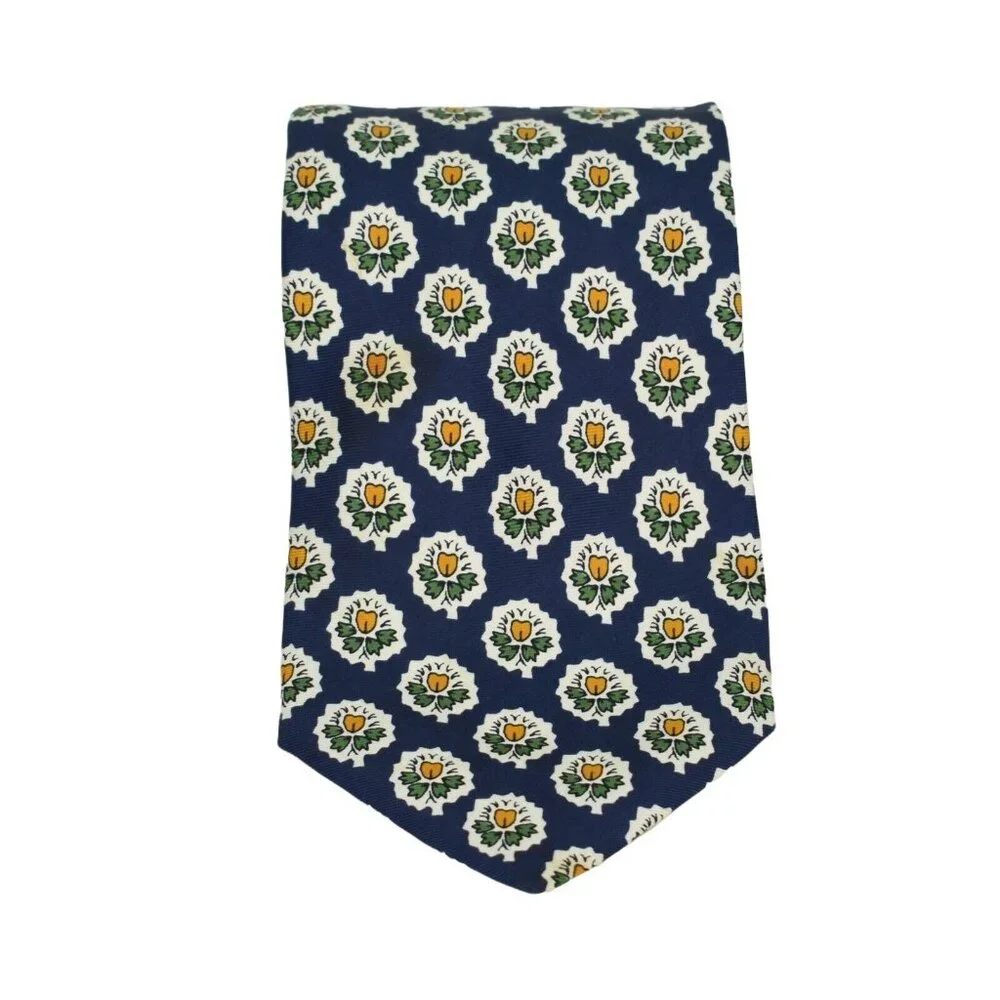 Souleiado Mens Tie Necktie 100% Silk Floral Hand Made in France Blue 58 in